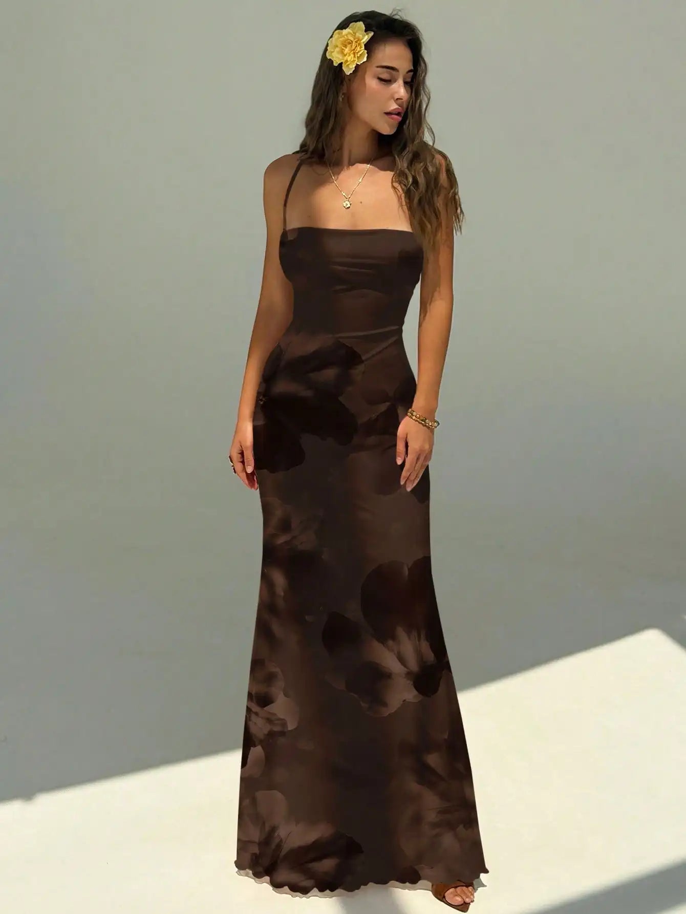 Elegant Pink Orchid Floral Print Backless Tie Strap Maxi Dress For Summer Vacation Beach Festival