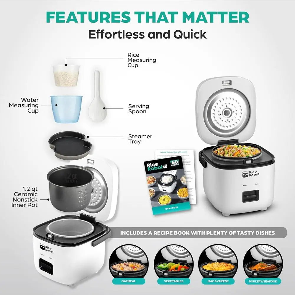 Compact Electric Rice Cooker Steamer 4.5 Cups Nonstick Pot Quart Portable Dishwasher-Safe Automatic Warm Include Recipes