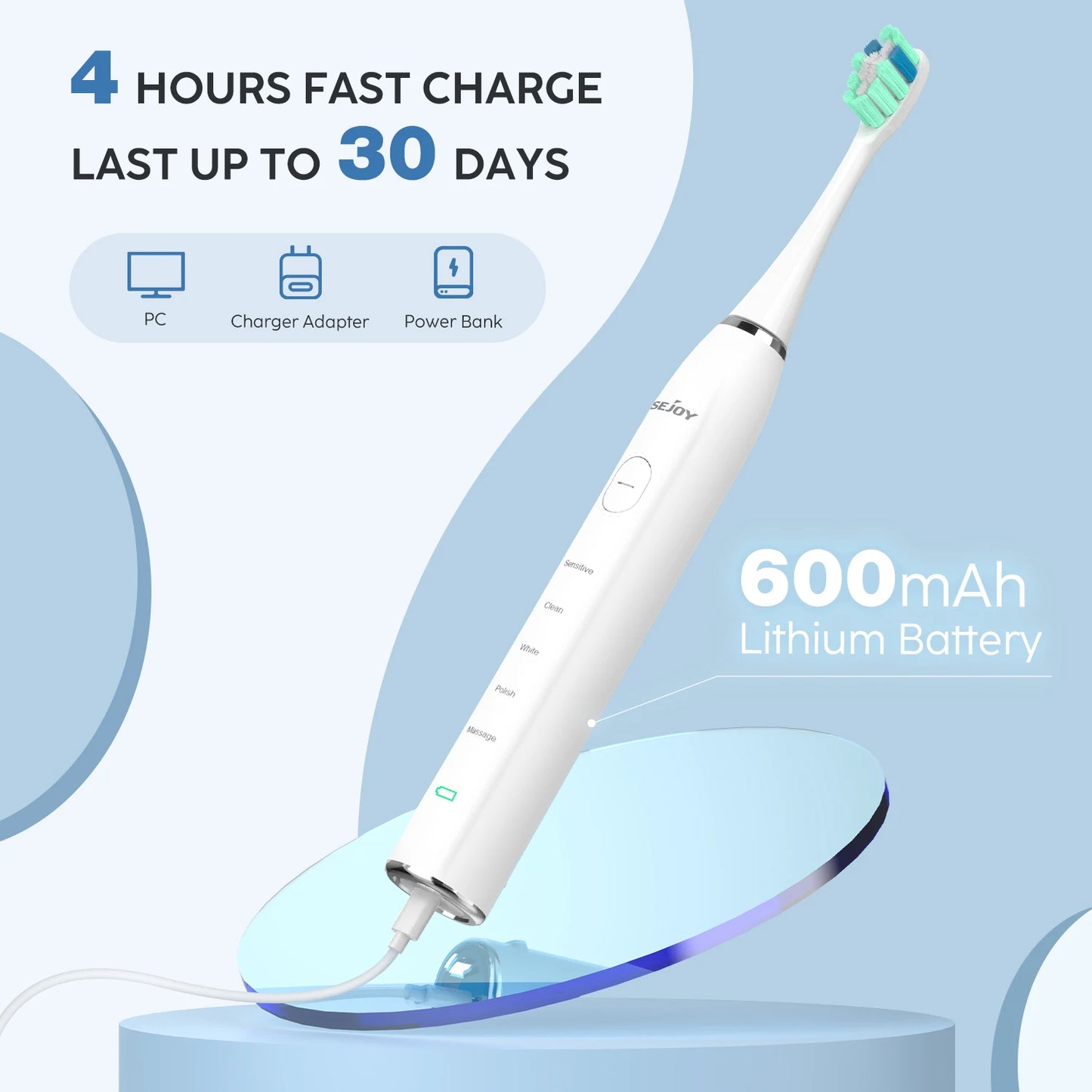 Smart Sonic Electric Toothbrush Rechargeable With 5 Modes