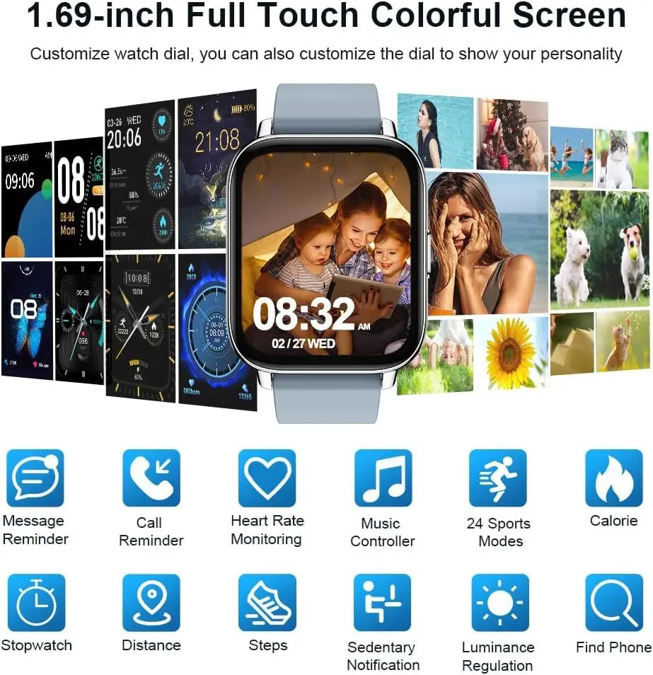 1.69” Bluetooth Smart Watch with Fitness & Health Tracking