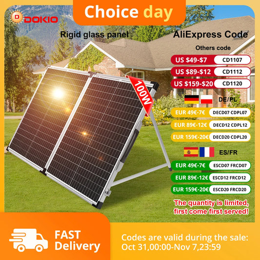 DOKIO 100W/160w/200w 18V Glass Folding Monocrystalline Waterproof Solar Panel with 12V Controller Kit from China