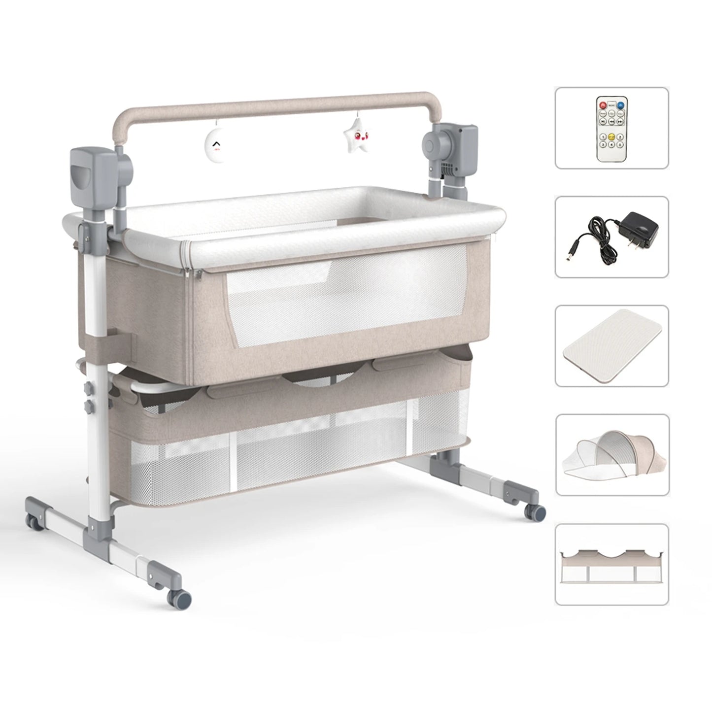 5-in-1 Portable Baby Bassinet with Changing Table, Bedside Sleeper, Storage Shelf & Wheels
