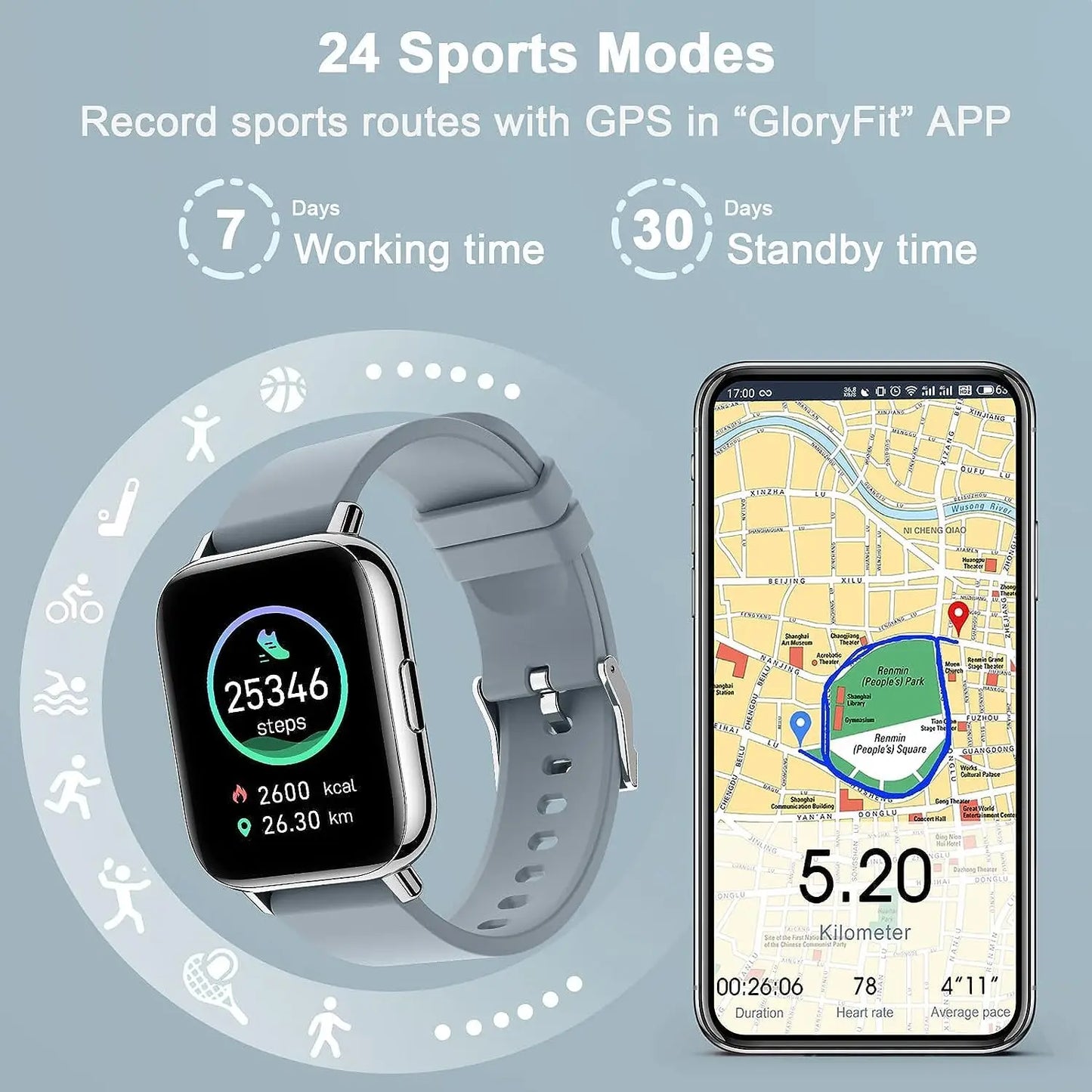 1.69” Bluetooth Smart Watch with Fitness & Health Tracking
