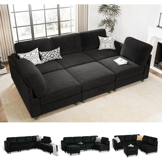 Modular Sectional Sofa Bed with Storage Ottoman, Convertible L/U-Shaped Sleeper Couch for Living Room, Modern Reversible Design