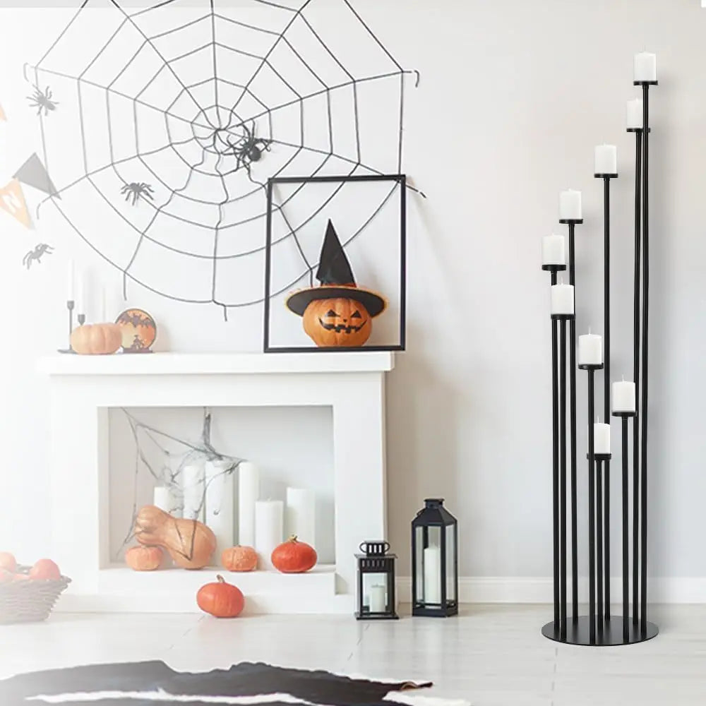 10-Piece Black Tall Floor Candle Holder Set. Elegant Metal Candelabra Stands for Weddings, Parties & Home Décor