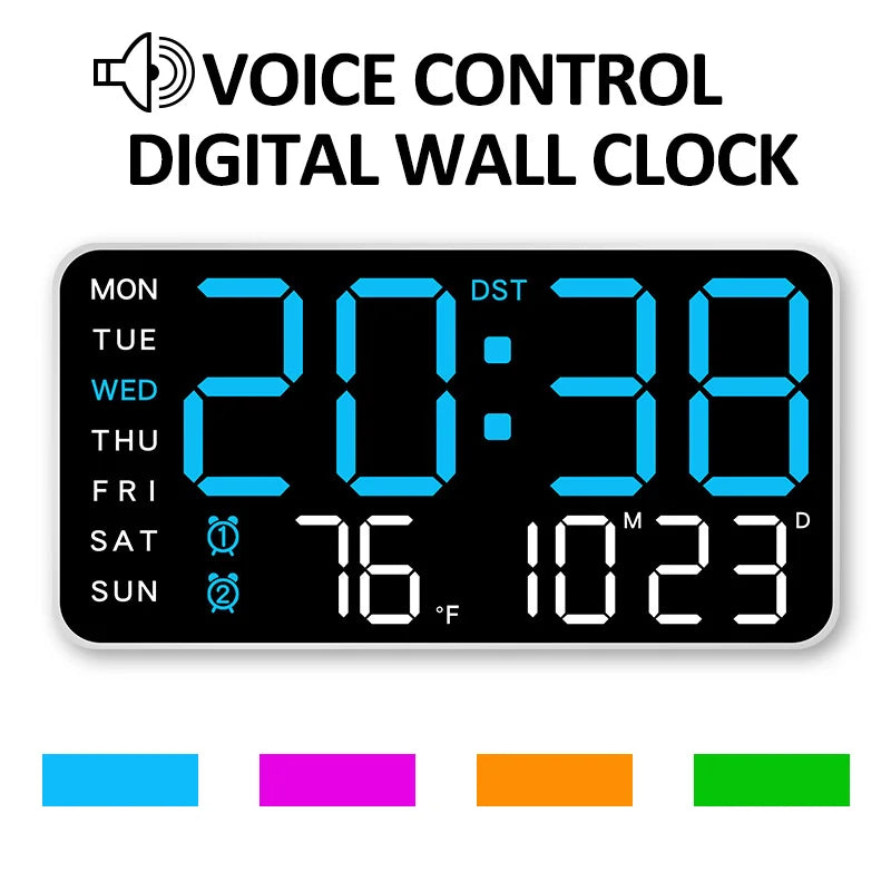 Smart Voice. Control LED Digital Wall Clock with Date & Temperature Display