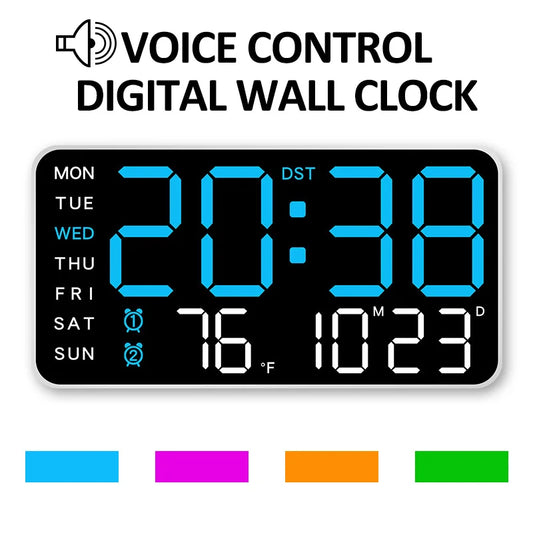 Smart Voice. Control LED Digital Wall Clock with Date & Temperature Display