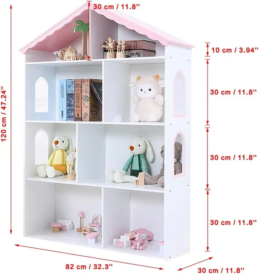 Wooden Dollhouse Bookshelf 4-Tier Children's Bookcase Display Storage Doll House Organizer Furniture for Kids Bedroom Playroom N