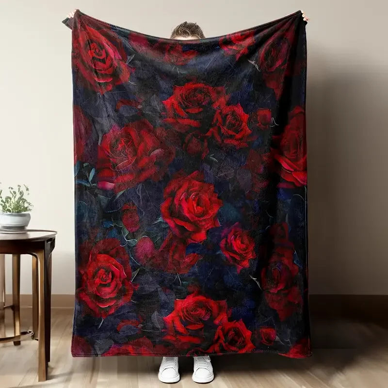 Rich red rose pattern flannel blanket suitable for bedding, office, home, camping, warming, sofa, Christmas and Halloween
