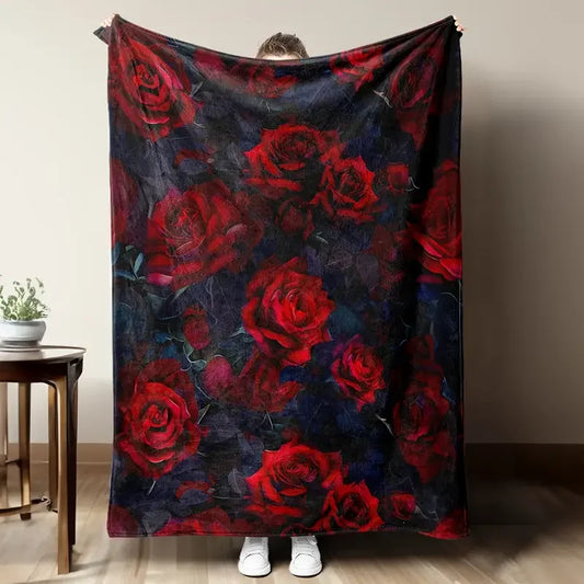 Rich red rose pattern flannel blanket suitable for bedding, office, home, camping, warming, sofa, Christmas and Halloween
