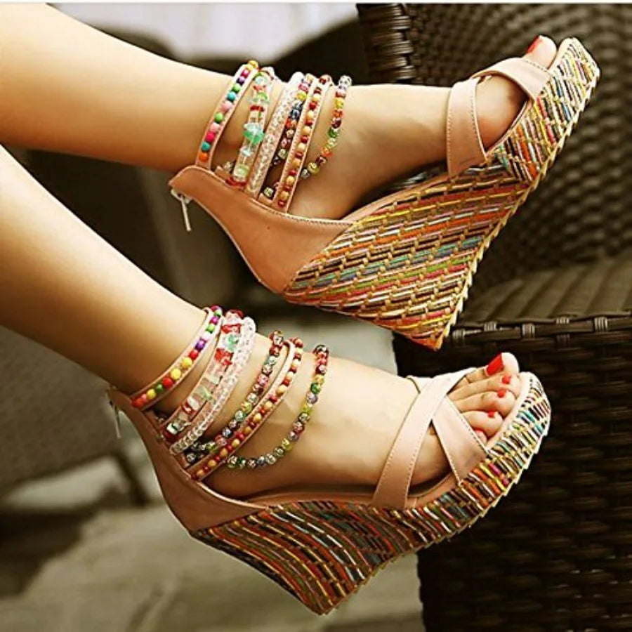 getmorebeauty Women's Wedge Sandals With Pearls Across The Top Platform Sandals High Heels