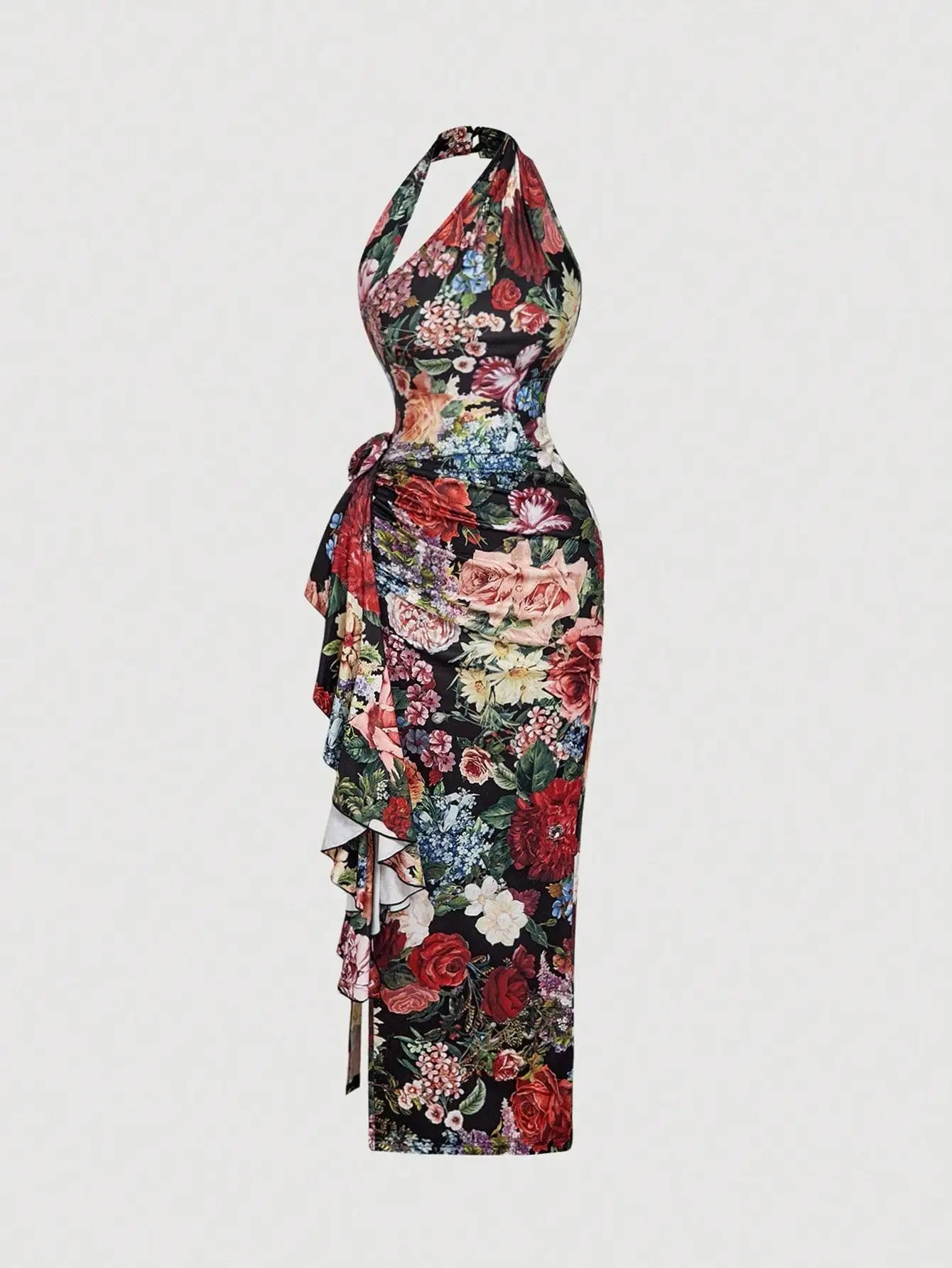 SHEIN MOD 1pc Women's Foldable Halter Neck Floral Decor Bodycon Long Dress,Country Concert