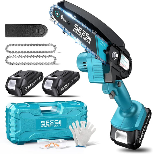 Seesii 6-inch Cordless Mini Chainsaw Electric Power Chain Saw Tree Trimming Wood Cutting for Makita 18V Battery pin
