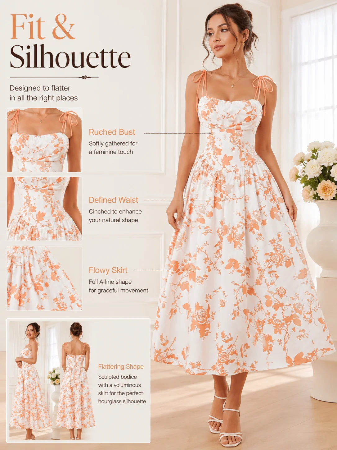 Women’s Floral Tie Shoulder Midi Dress | Square Neck Smocked Back A-Line Summer Sundress