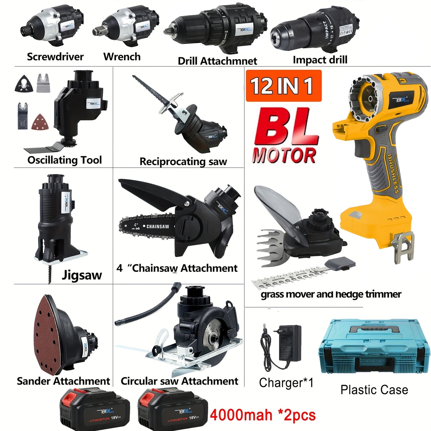 18V Brushless Multifunction Tool Combo Kit 12 in 1, Include 12 Attachment: Drill, Impatct Drill, Chainsaw