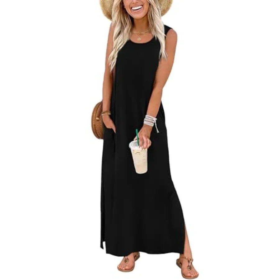 Women’s Sleeveless Casual Maxi Dress | Summer Beach Vacation Side Slit Dress