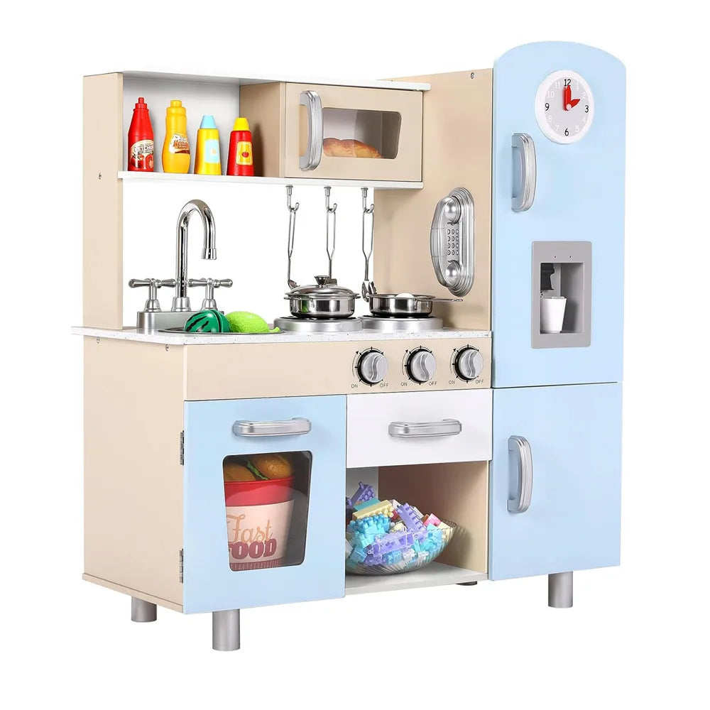 Kids Wooden Pretend Cooking Kitchen Playset with Cabinets for Toddler