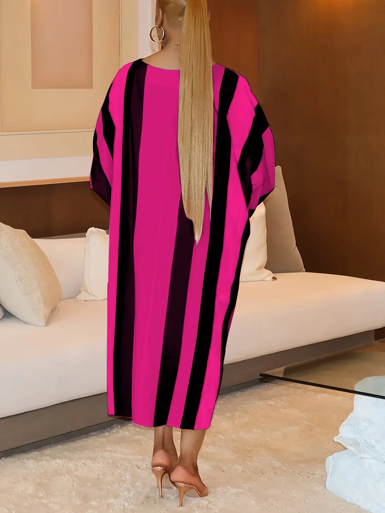 European and American fashion casual large size vertical striped contrast dress - spring and summer