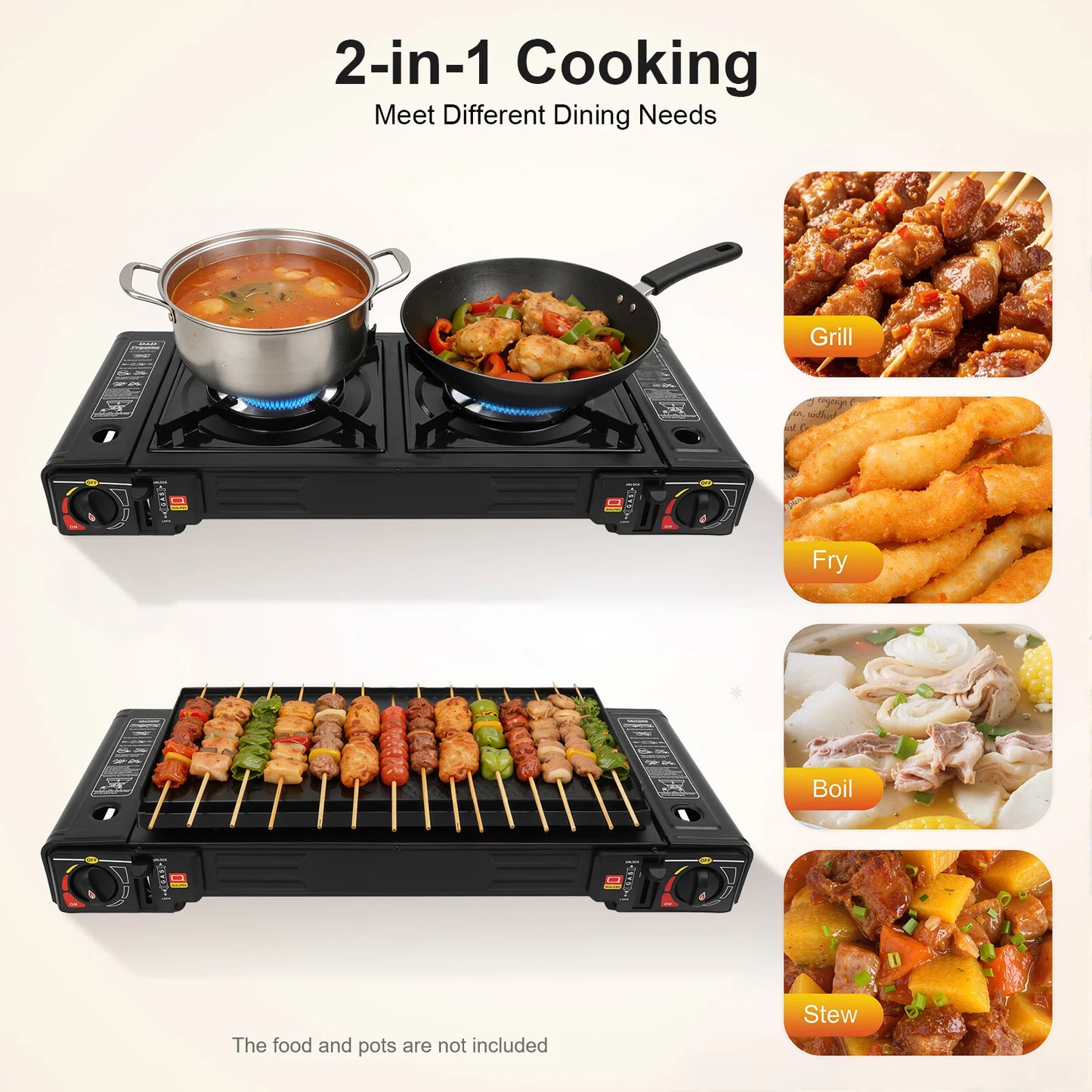 Portable 2-Burner Camping Stove & Grill Combo . 2500W Outdoor Cooking System  Description: