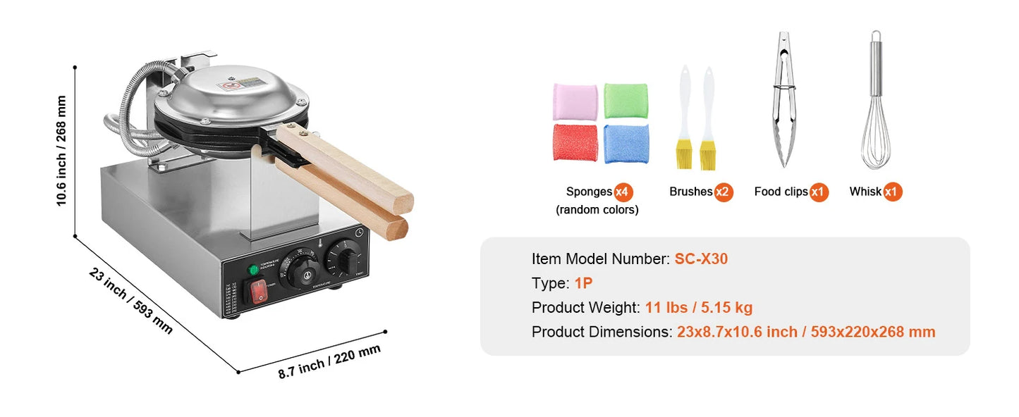 SucceBuy Commercial Egg Bubble Waffle Maker 1400W Non-Stick Stainless Steel Bubble Puff w/180° Rotatable 2 Pans & Wooden Handles