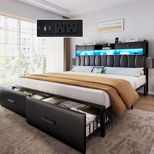 King Size Bed Frames with 2 Storage Drawers and Charging Station, Upholstered Platform Bed with Storage Headboard and L