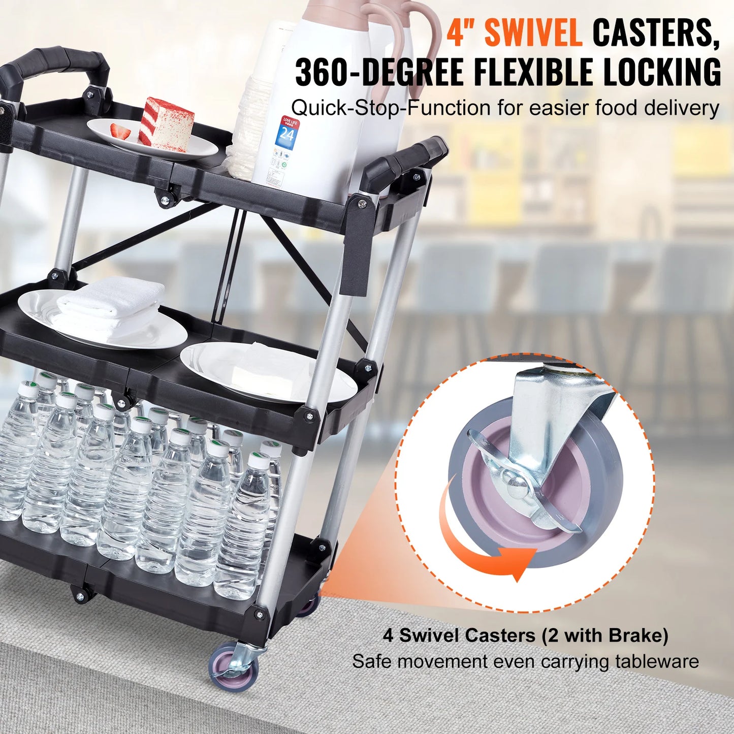 SucceBuy 3-Tier Folding Rolling Utility Cart . Heavy-Duty Mobile Storage Shelf with Wheels for Laundry, Kitchen, Office & Home Organization