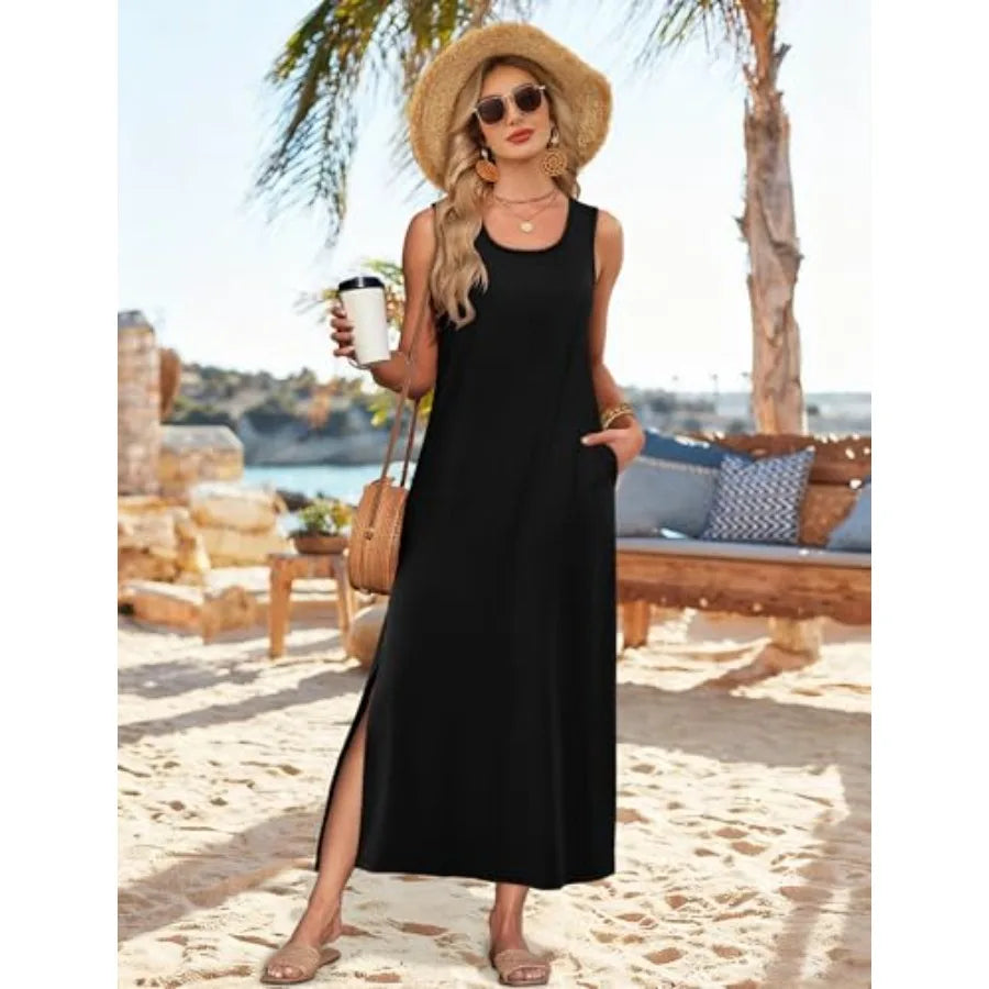 Women’s Sleeveless Casual Maxi Dress | Summer Beach Vacation Side Slit Dress