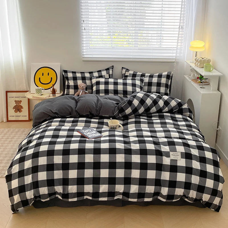 Japanese Style Blue Check Bedding Set.  Duvet Cover & Pillowcases