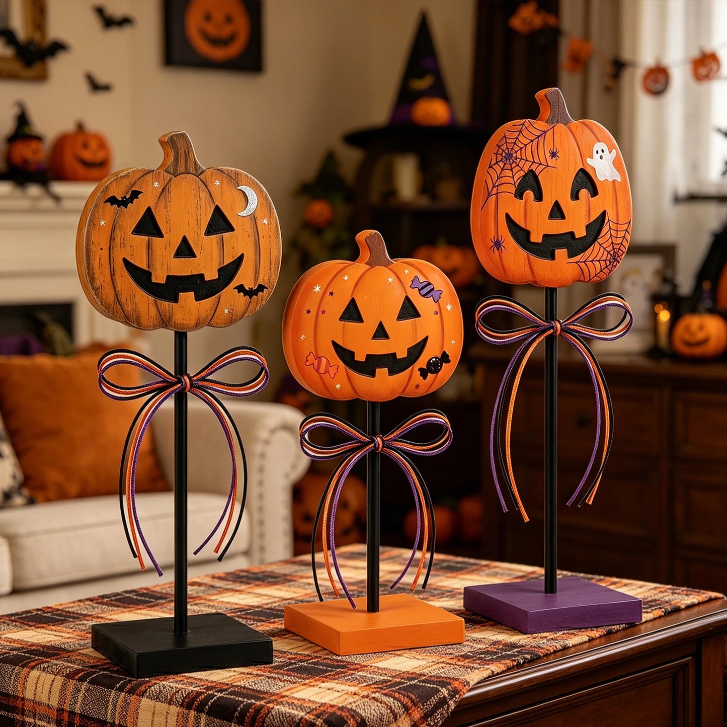 3-Piece Halloween Jack-O’-Lantern Tabletop Décor Set. Rustic Pumpkin Metal Stand Decorations for Fall & Halloween Home Déco
