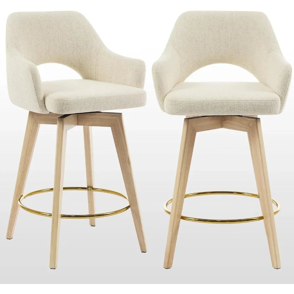Swivel Counter Stools Set of 2, Raw Wood Tone Counter Height Bar Stools with Ergonomic Back, Soft Linen Fabric Island Chairs wi