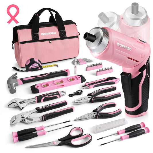 WORKPRO 53-Piece Pink Tool set with Electric Cordless Screwdriver, Basic Tool Kit Set for Women with 13'' Portable Tool Bag