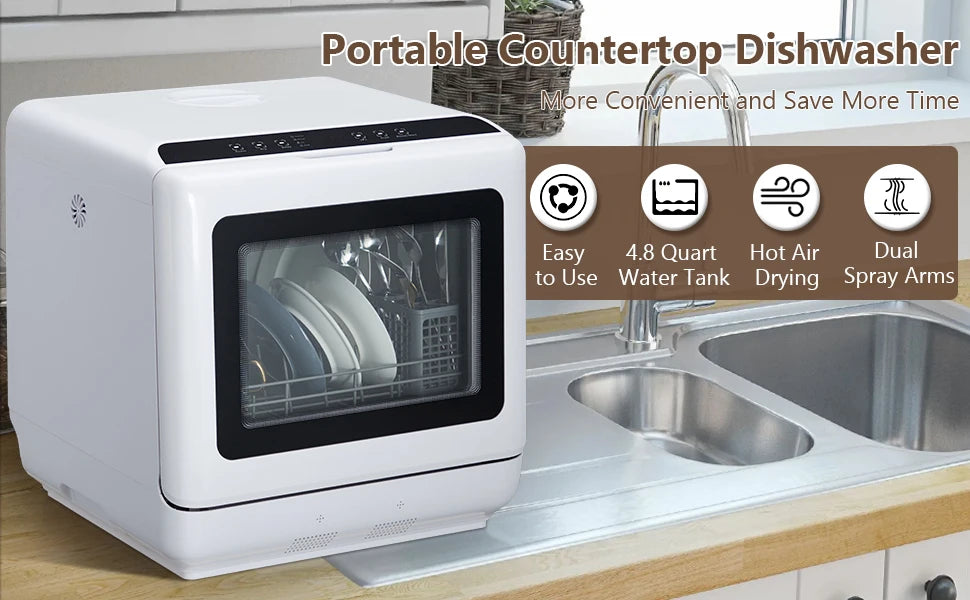 Portable Dishwasher,Countertop Dishwasher with 5L Water Tank,5 Programs, Dual Sprays,149℉ High Temp & Air Dry, Mini Dishwasher