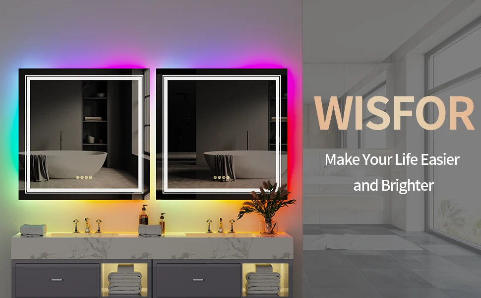 Illuminated LED Bathroom Mirror 800x800mm Square Wall Mirror Dimmable 8 RGB Backlit 3 Front Colours Anti-fog Memory Waterproof