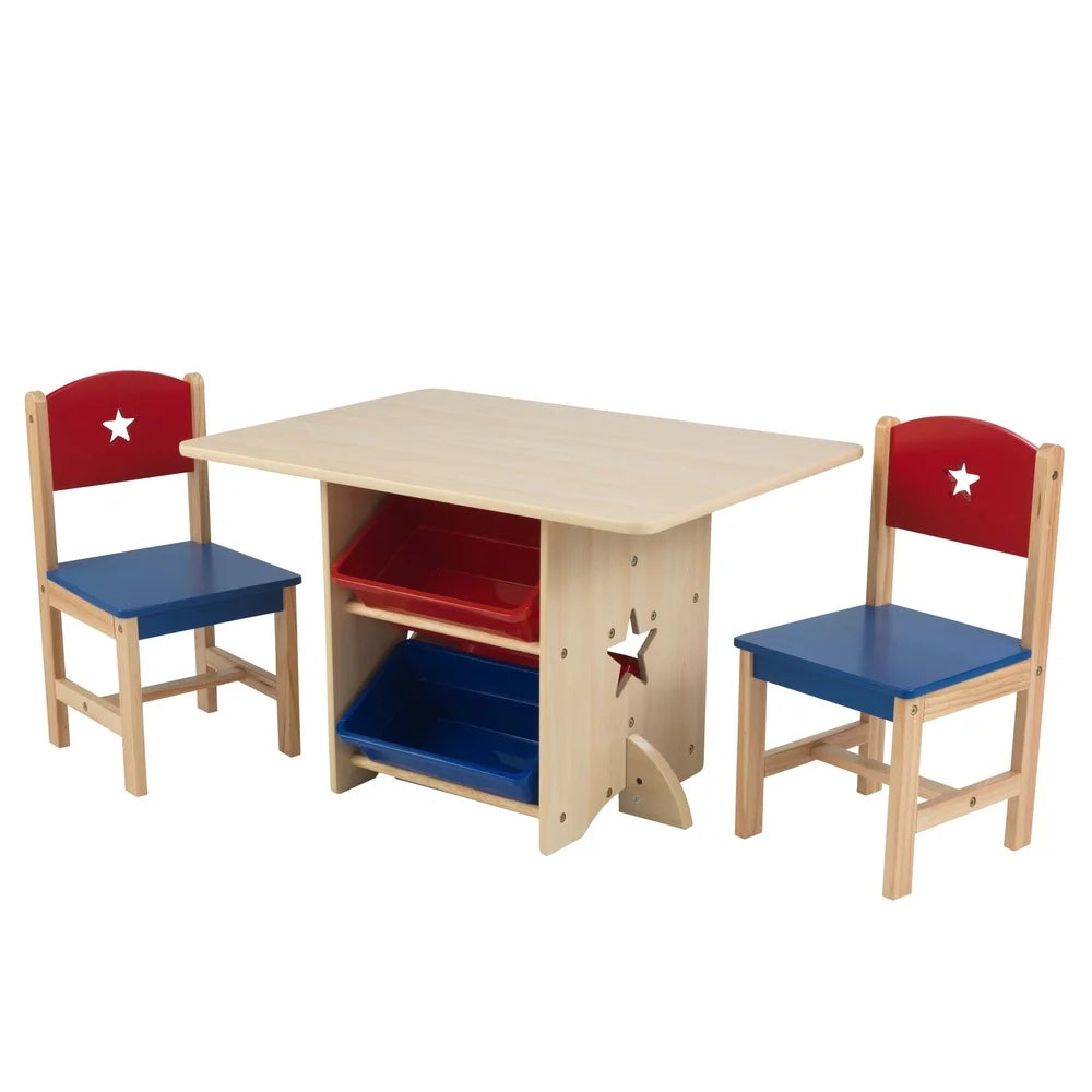 Wooden Star Table Chair Set with 4 Storage Bins Kids Playroom Craft Supplies Safe Design Ages 3 Years