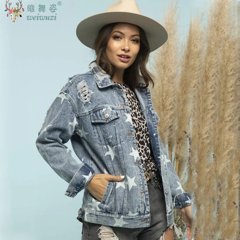 Women Denim Jacket Star Pattern Ripped Long Sleeve Jacket