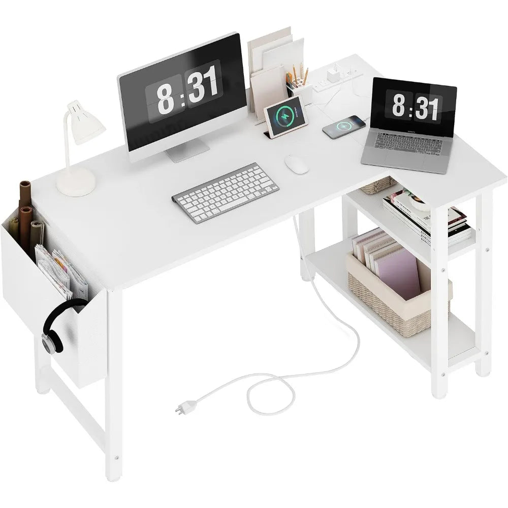 Brand new White L Shaped Computer Desk with Power Outlet Shelves, 40 Inch Small Reversible Corner Desk