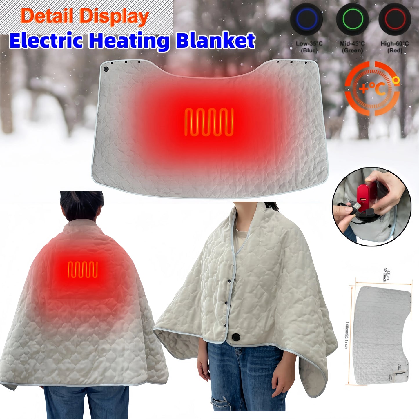 Electric Heated Shawl Blanket USB Wireless Wrap Adjustable 3-Level Temperature Throw Blanket for  Indoor Outdoor Home Office