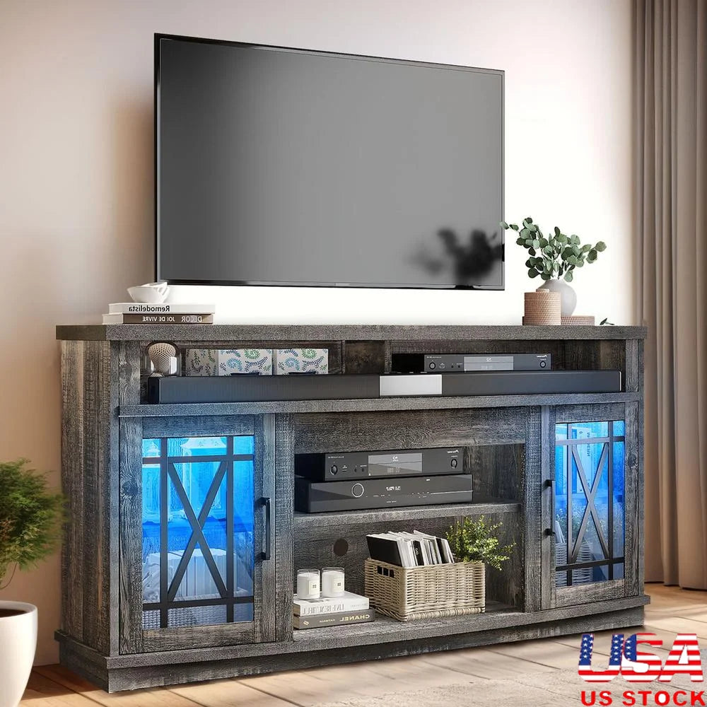 LED TV Stand with Glass Doors Entertainment Center Media Console RGB Light Remote Control Adjustable Shelves Cable Management