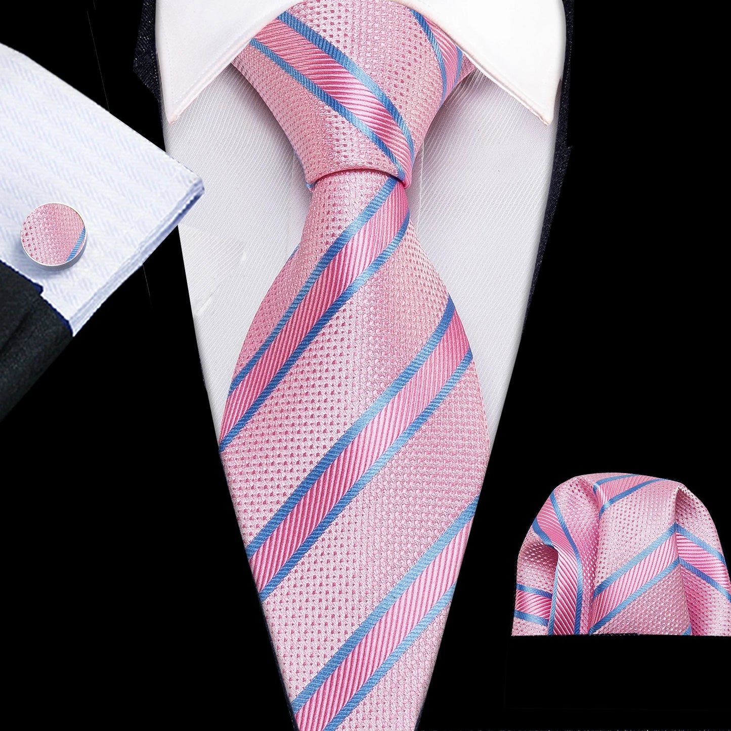 Men’s Luxury Red Striped Necktie Set. Silk Tie, Pocket Square & Cufflinks for Business, Wedding & Formal Wear