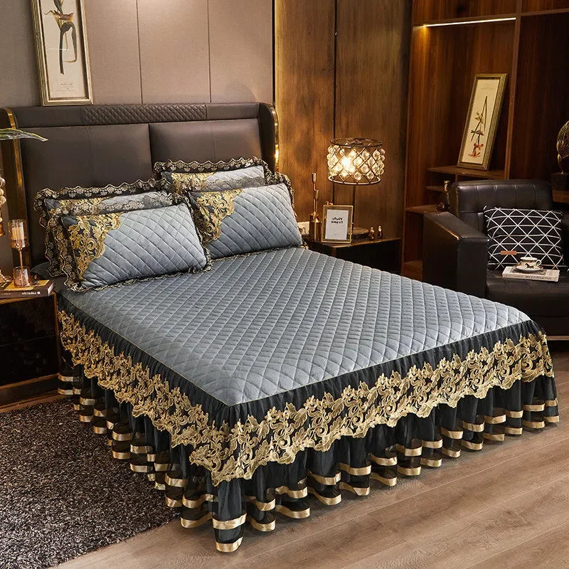 Luxury Gold Embroidered Velvet Quilted Bedspread Set