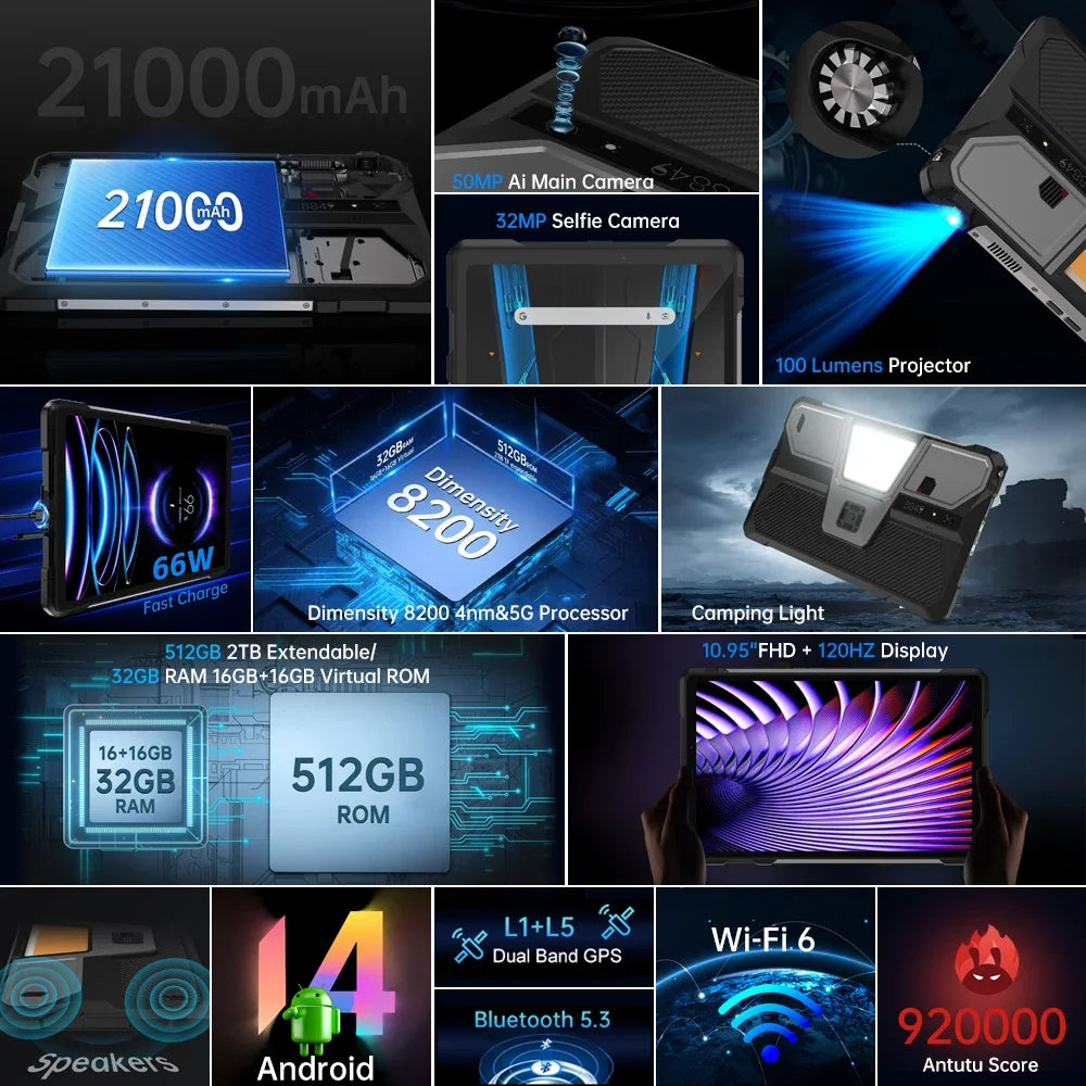 8849 TANK PAD Unihertz Rugged Tablet Projector 10.95 inch 120Hz 32GB 512GB 21000mAh 32MP+50MP 66W Phone Tablet