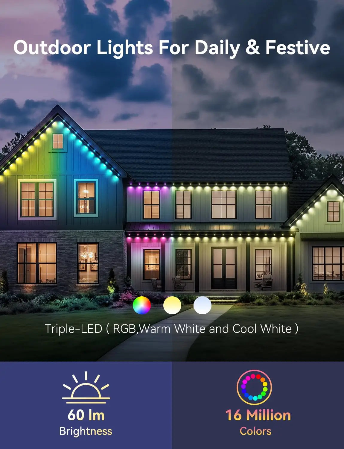 Smart Permanent Outdoor Lights For House Smart RGB+IC Eave Lights with Remote APP Control IP67 Waterproof Smart LED Eaves Lights