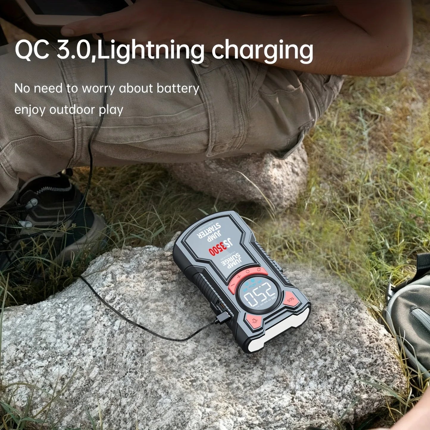 3000A Portable Car Jump Starter with Air Compressor  5-in-1 Battery Booster, Tire Inflator, LED Light & Power Bank