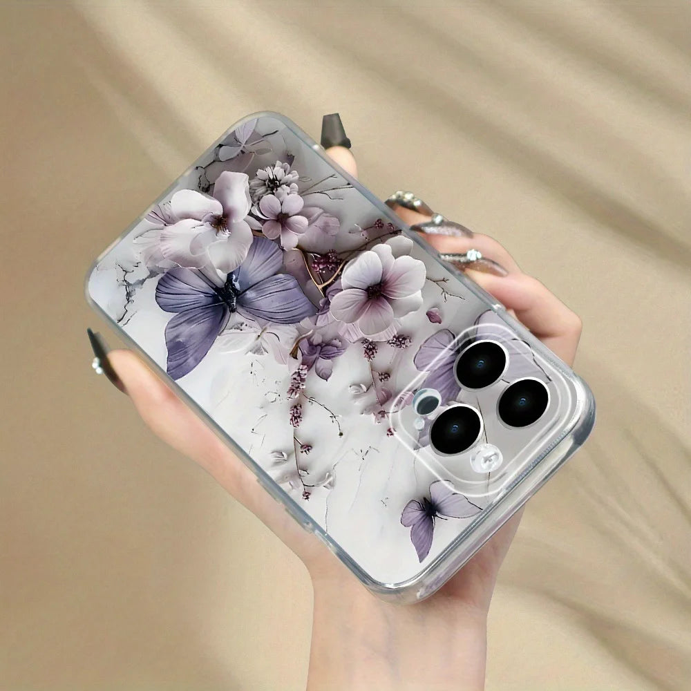 Purple Butterfly Floral Motif Phone Case For iPhone 17 16 15 14 13 12 11 Pro Max Plus Slim Protective Cover