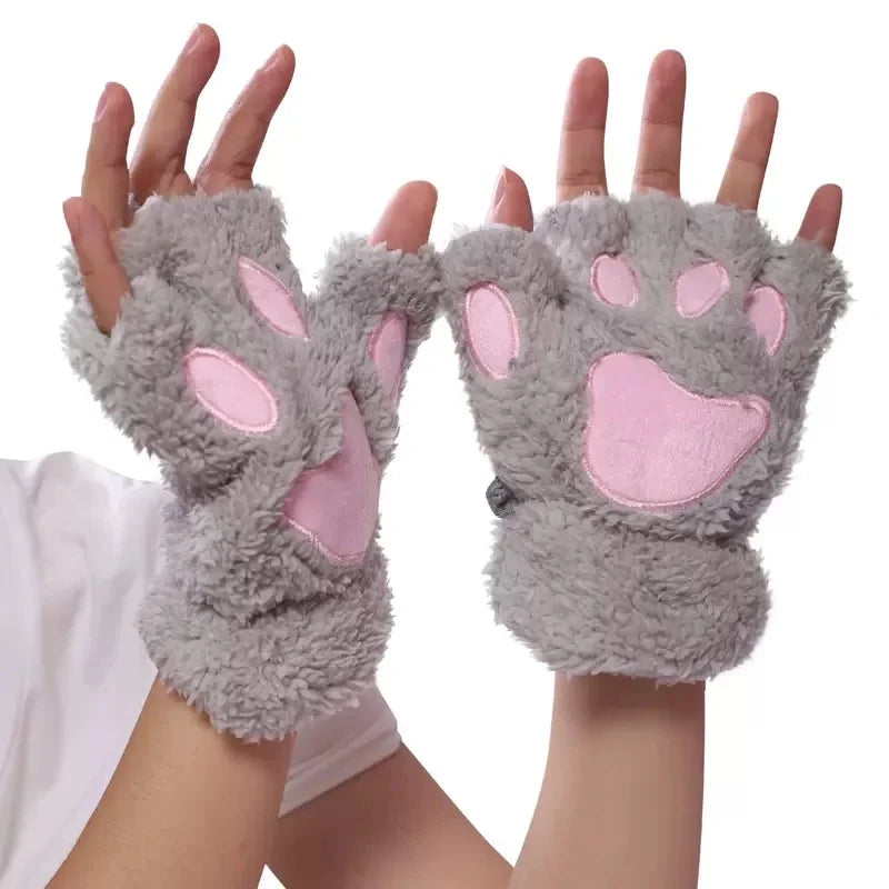 Lovely Plush Cat Claw Paw Gloves Short Fingerless Mittens
