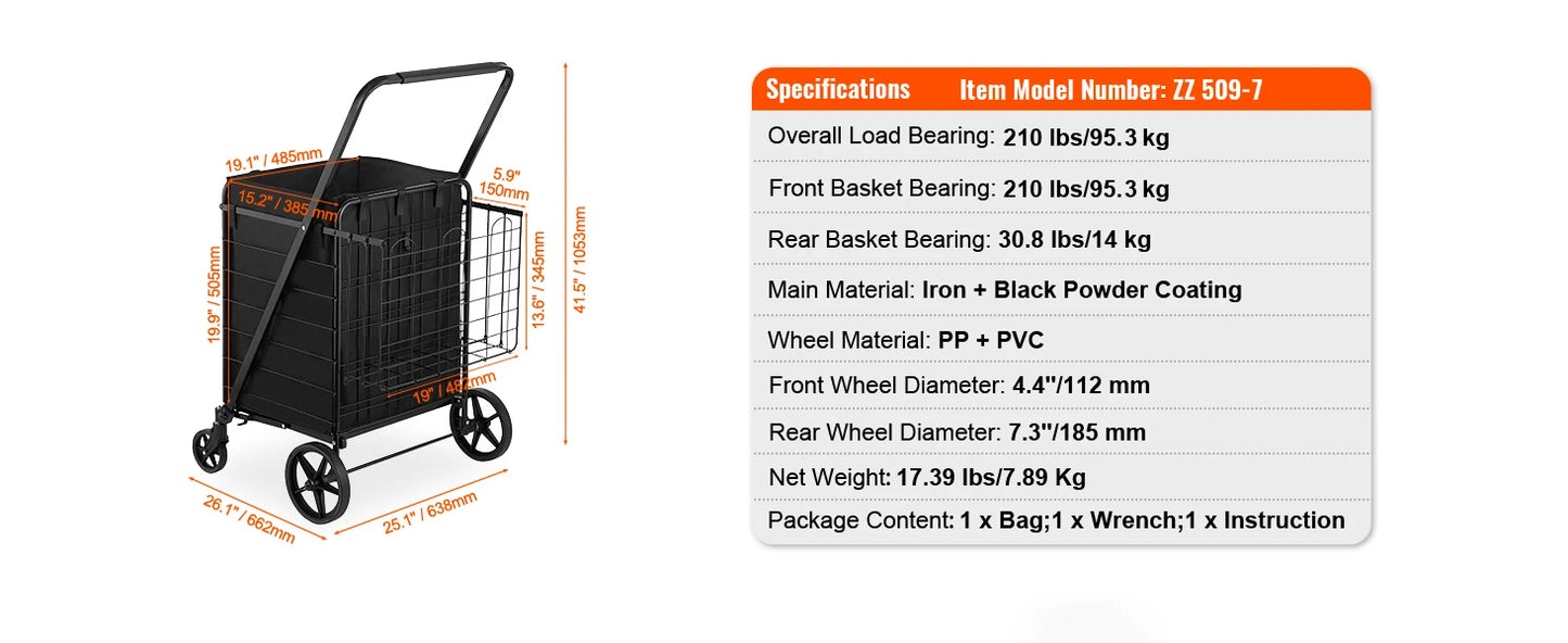 SucceBuy Folding Shopping Cart w/ Removable Waterproof Liner 106/330LBS Large Capacity 360° Swivel Wheels Dense Metal Mesh Base