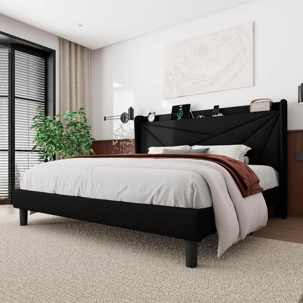 "linen-covered king-sized platform bed with wingback headboard and built-in charging station"