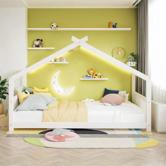 White Montessori Bed Wood Frame Kids Floor Bed with Headboard & Footboard