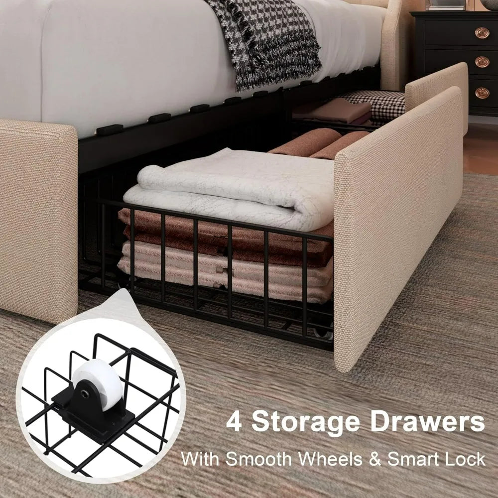Feonase King-Size Upholstered Bed Frame with Four Storage Drawers, Wingback Headboard, and Charging Station