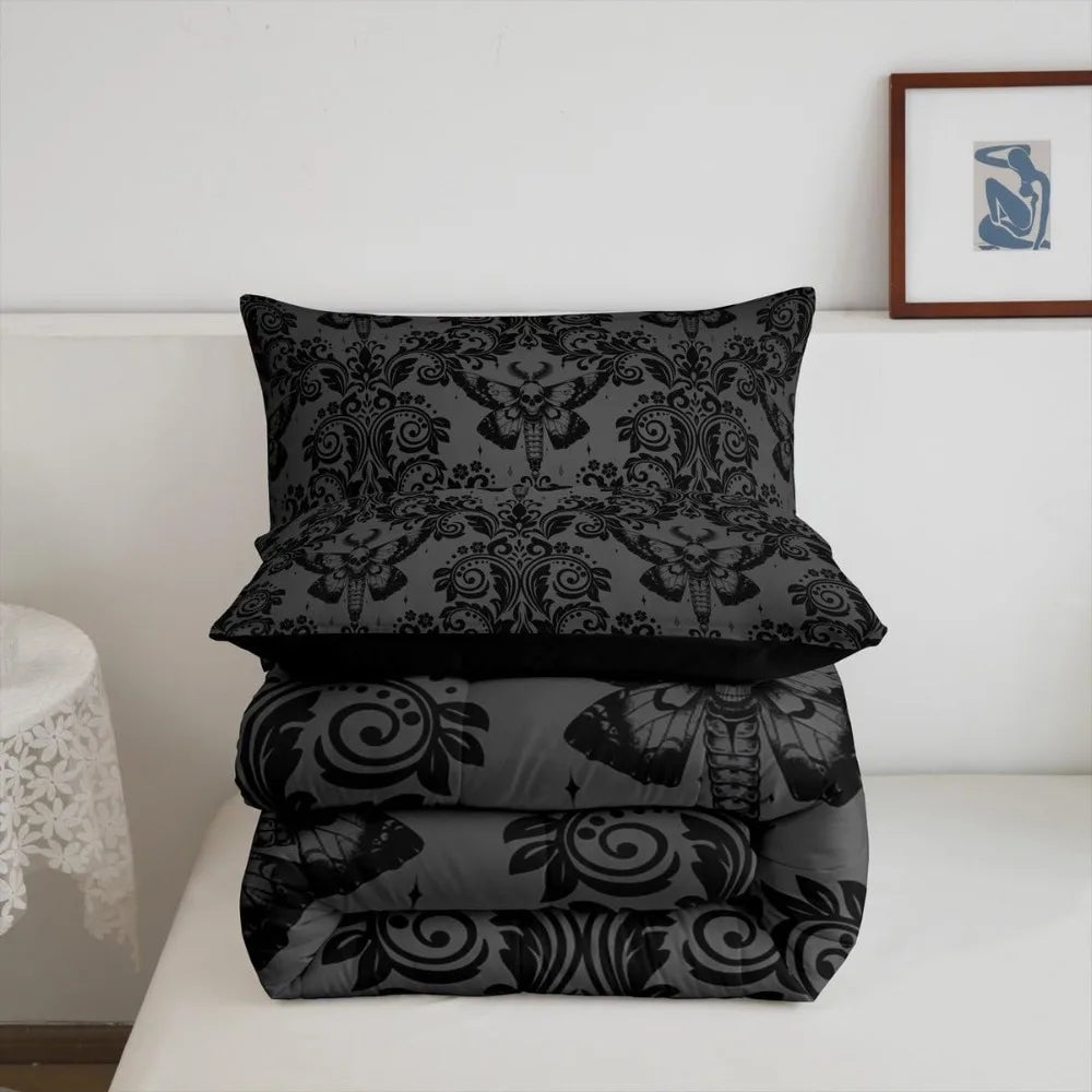 Adults Gothic Comforter Set King Size Dark Olive Green Damask Comforter Death Moth Bohemia Boho Bedding Set Goth Skull